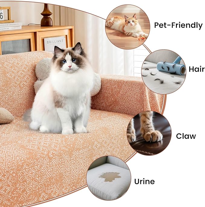 STACYPIK Boho Sofa Cover for Pets, Orange Geometric Couch Cover for 3 Cushion Sofa, Washable Dogs Protector for Living Room, Anti-Slip Sectional Covers for Loveseat with Tassel Throw Blanket-71X134IN