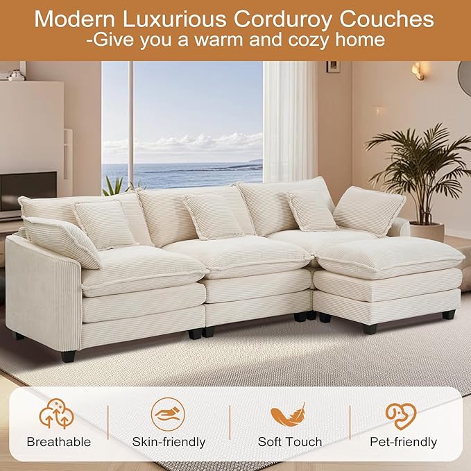 Furniliving 117‘’ L-Shaped Sofa, Luxury Corduroy Modular Sectional Couches with Ottoman, Upholstered Deep Seat Sleeper Sofa with Memory Foam and Waist Pillows, Beige