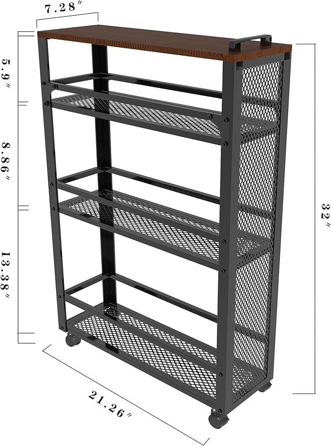 2025 New, Slim Kitchen Storage Cart, 3-Tier Metal Rolling Utility Cart Mesh Basket, Multifunction Wire Basket Shelf Trolley for Home Laundry, Bathroom, Living Room, Black