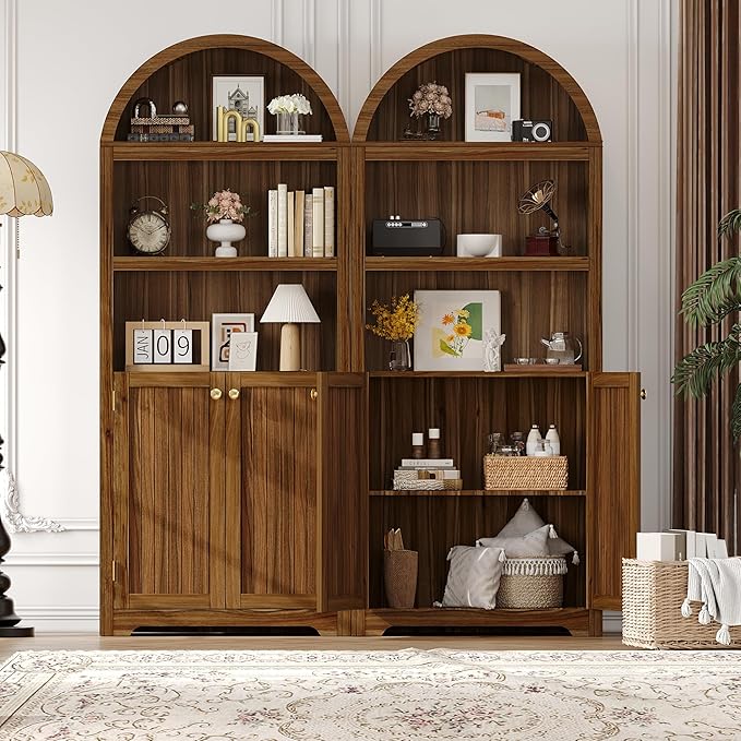GAOMON 72'' Tall Arched Cabinet, 5 Tier Arched Bookshelf with Double Doors & Adjustable Shelf, Wooden Bookcase with Storage for Living Room, Bedroom, Study, Kitchen, Home Office, Walnut Color