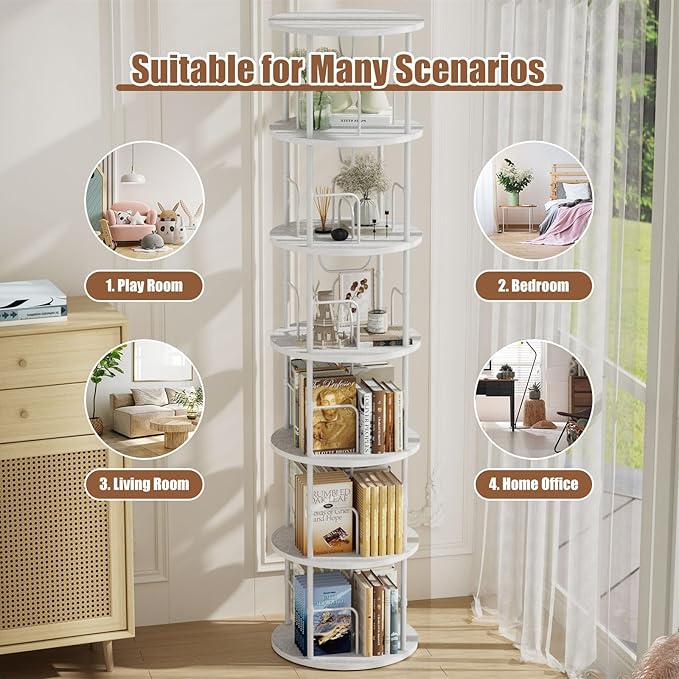 6 Tier Rotating Bookshelf, 360 ° Display Stackable Spinning Bookshelf Tower, Corner Bookshelf Tall Floor Standing Swivel Bookcase Narrow Storage Organizer for Bedroom, Living Room, White