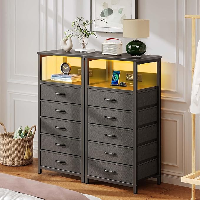 Seventable Night Stand with Charging Station, Tall Nightstand with 5 Fabric Storage Drawers, Side Table with LED Light for Bedroom, Entryway, Black, Set of 2