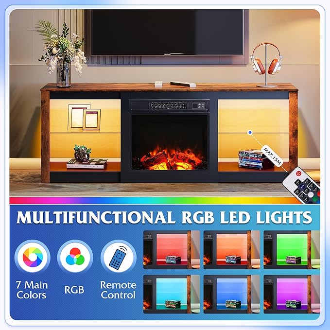 WLIVE 58 Inches Fireplace TV Stand with LED Lights, Modern Entertainment Center with 18'' Electric Fireplace & Adjustable Glass Shelves, Sturdy Media Console for Living Room, Bedroom,Gaming (Brown)