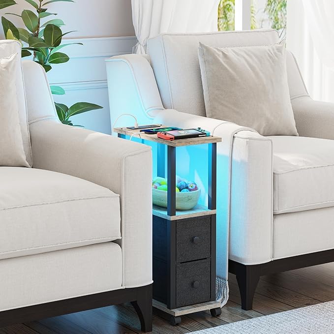 TUTOTAK Small Narrow End Tables, LED Side Tables with 2 Fabric Drawers, Set of 2, Bedside Tables with Charging Station for Small Spaces, Slim Nightstands with USB Ports and Wheels, TB01BG053L