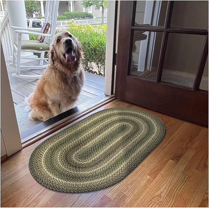 Homespice Pinecone Rustic Braided Rugs 20x30 - Oval Green Kitchen Rug of Jute for Country Decor
