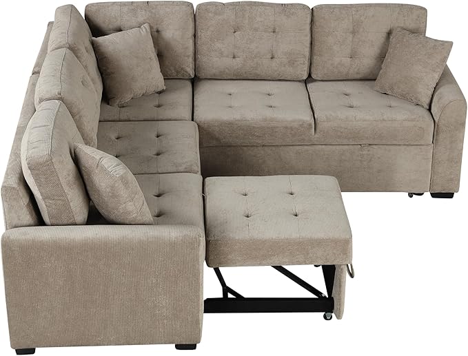 82" Convertible Sleeper Sofa with Pull-Out Bed,L-Shape Chaise Couch W/USB Ports & Power Sockets,Space Saving,Easy Assembly,Modern Corner Reversible Furniture Set for Living Room,Khaki Velvet