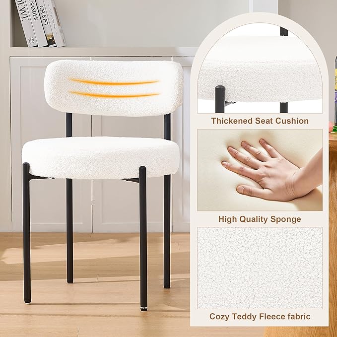Dining Chairs Set of 2, White Boucle Dining Chair, Curved Backrest Upholstered Dining Room Chairs with Black Metal Legs, Mid Century Modern Dining Chairs for Kitchen, Living Room, White
