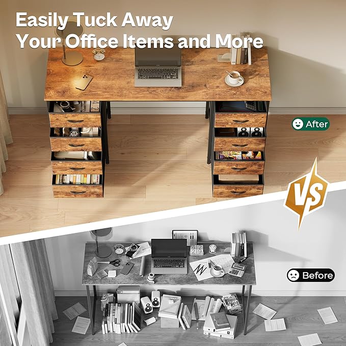 Huuger 55 Inch Computer Desk with 8 Fabric Drawers, Office Desk Work Desk for Home Office, Study, Gaming Desk with Drawers, Large Storage, Rustic Brown