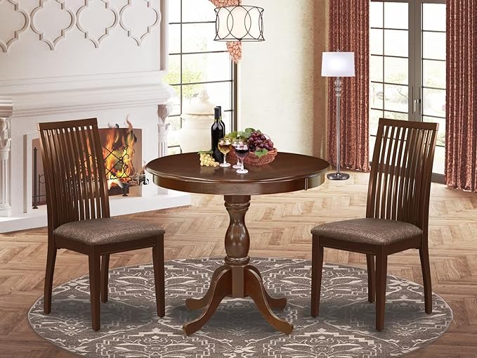 East West Furniture AMIP3-MAH-C 3 Piece Kitchen Table & Chairs Set Contains a Round Dining Room Table with Pedestal and 2 Linen Fabric Upholstered Chairs, 36x36 Inch, Mahogany