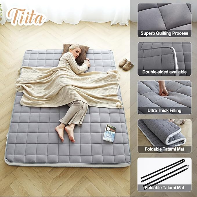 Tiita Futon Mattress 4” Thick Folding Roll Up Sleeping Pad with Bag & Strap, Bed Topper Mat for Guest, Lounger and Tavel, Gray,Queen Size