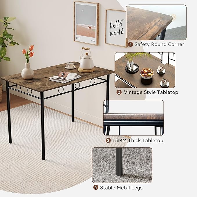 Vipbear Kitchen Dining Table Set for 4, 5-Piece Kitchen Table Set,Dining Room Table Sets,Rectangular Kitchen Table Set with 4 Chairs for Small Space, Dinette,Apartment, Rustic Brown