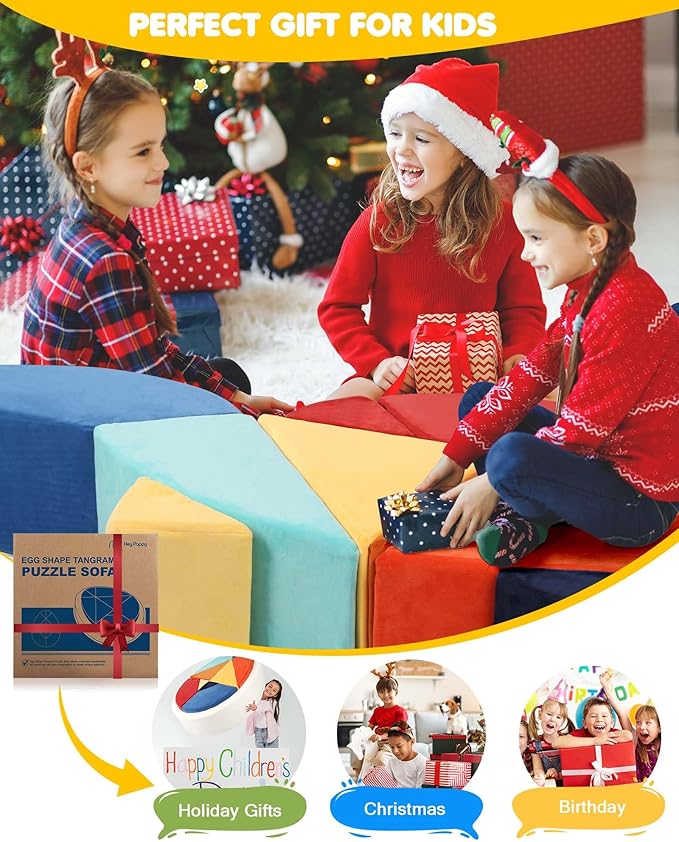 Kids Play Couch, 2-in-1 Egg-Shape Kid Plays Sofa with Unique Ball Pit(no Balls Included), Tangram Puzzle Play Couch for Playroom, Modular Play Couchs for Inspiring Creativity, Samba