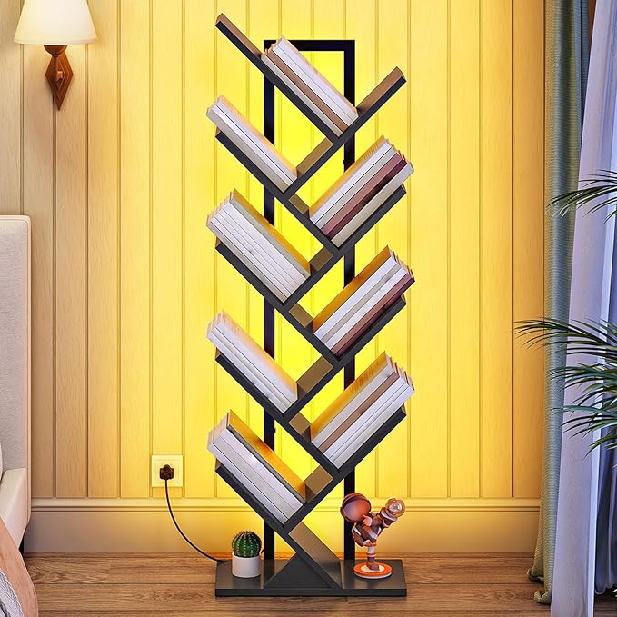HOOBRO Tree Bookshelf, 9-Tier Tree Bookshelf with Lights, Space-Saving Book Shelf, Holds Books, CDs, Floor Standing Bookcase for Office, Living Room, Bedroom, Black BB08DSJ01