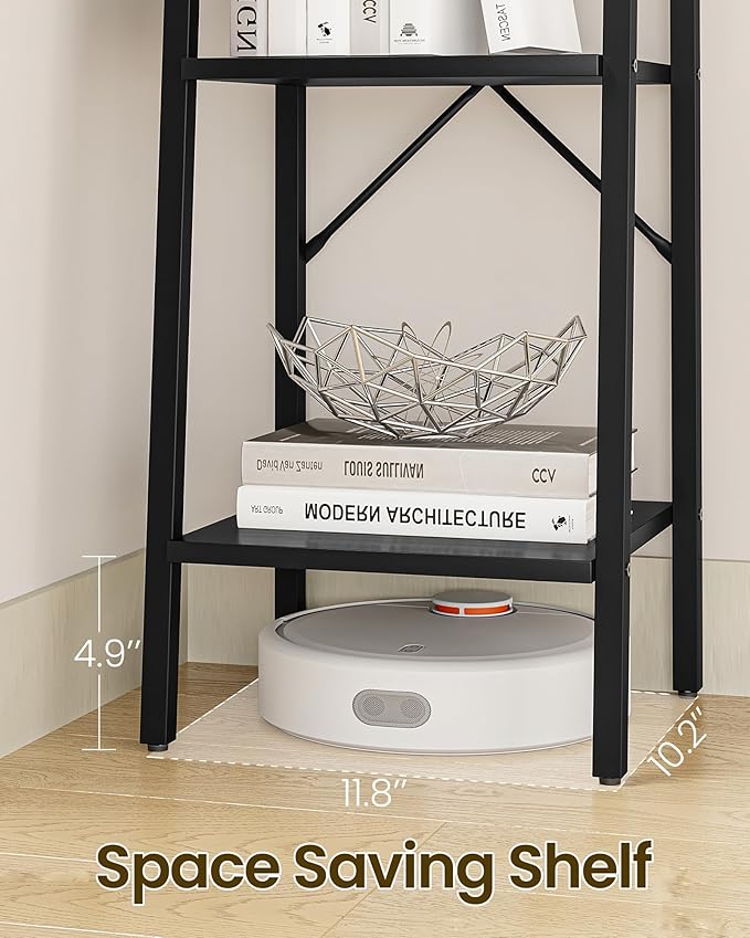 Ladder Shelf, Bookshelf Bookcase, Freestanding Corner Storage Shelve with 2 Hooks for Home Office, Living Room, Kitchen, Bedroom, Industrial, 5-Tier Black BC03204B