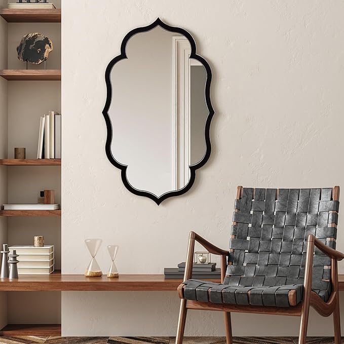 Empire Art Direct Curved Scalloped Wall Mirror on Black Matte Frame with Washed White Edges, Living Room, Bedroom & Office, 24" x 40" x 1"