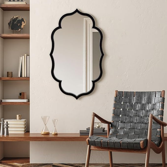 Empire Art Direct Curved Scalloped Wall Mirror on Black Matte Frame with Washed White Edges, Living Room, Bedroom & Office, 24" x 40" x 1"