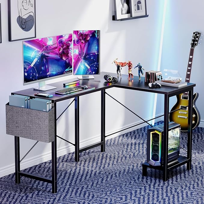 Whitmor L Shaped Gaming Desk - 50 Inch Reversible Corner Computer Desk with Wood Top, Metal Frame, CPU Stand & Side Bag, Home Office Dorm Sturdy Writing Workstation, Black