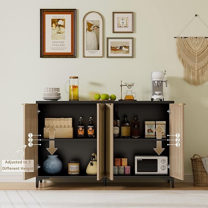Sideboard - Buffet Cabinet with Storage, Rattan Cabinet with 4 Doors and Adjustable Shelves, Accent Cupboard with Metal Feet, Black Sideboard Console Table for Living Room, Entry, Dining Room