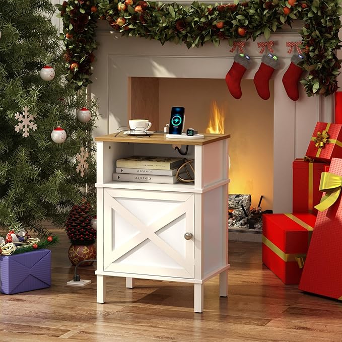 Farmhouse Nightstand with Charging Station, White Bedside Table with USB&Type-C Ports and Outlets, End Table with Storage, Night Stand for Bedroom, White and Rustic Brown WGBZ0601WFE