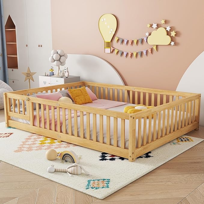 Queen Size Floor Bed Frame with Slats and Safety Guardrail, Wood Queen Size Montessori Floor Bed with Door and Fence, Easy Assemble Montessori Beds for Kids, Girls, Boys, Natural