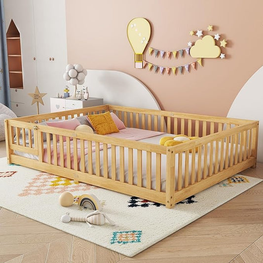 Queen Size Floor Bed Frame with Slats and Safety Guardrail, Wood Queen Size Montessori Floor Bed with Door and Fence, Easy Assemble Montessori Beds for Kids, Girls, Boys, Natural