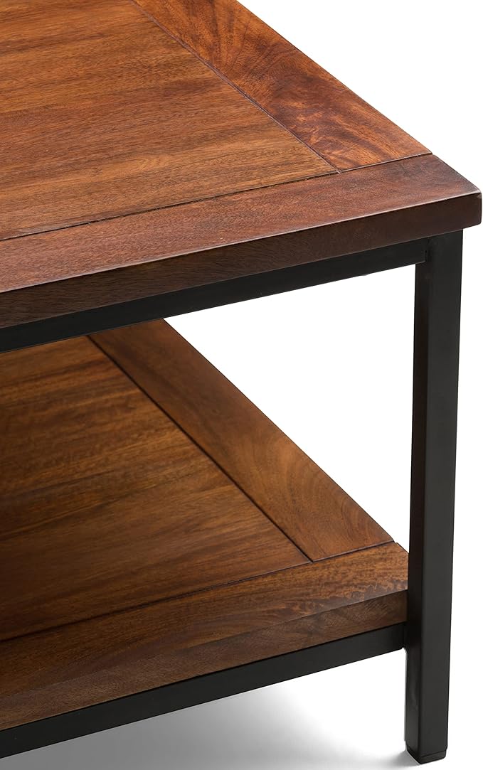SIMPLIHOME Skyler Square Coffee Table - 34 inch Wide Solid Mango Wood and Metal Living Room Table in Dark Cognac Brown, Industrial Center Table for Family Room with Open Shelf and Black Frame
