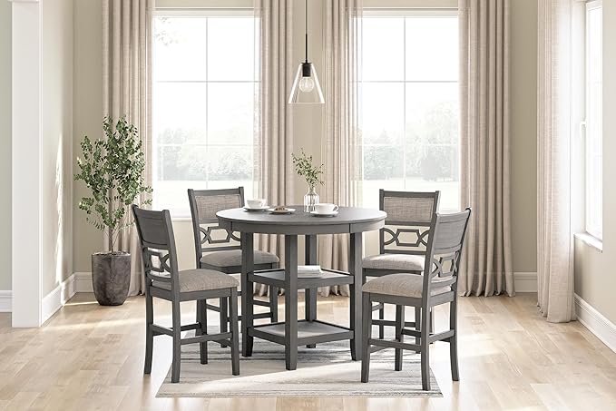 Signature Design by Ashley Wrenning Modern Diamond Patterned Counter Height Dining Table and 4 Upholstered Bar Stools with 2 Shelves, Set of 5, Gray & Light Gray