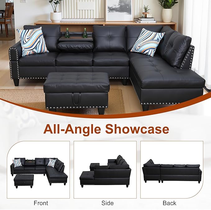 Osparple L Shaped Couch Faux Leather Sectional Couch Upholstered 3 Pieces Sofas for Living Room with Chaise, Ottoman with Storage for Office and Small Apartment, Graceful Black