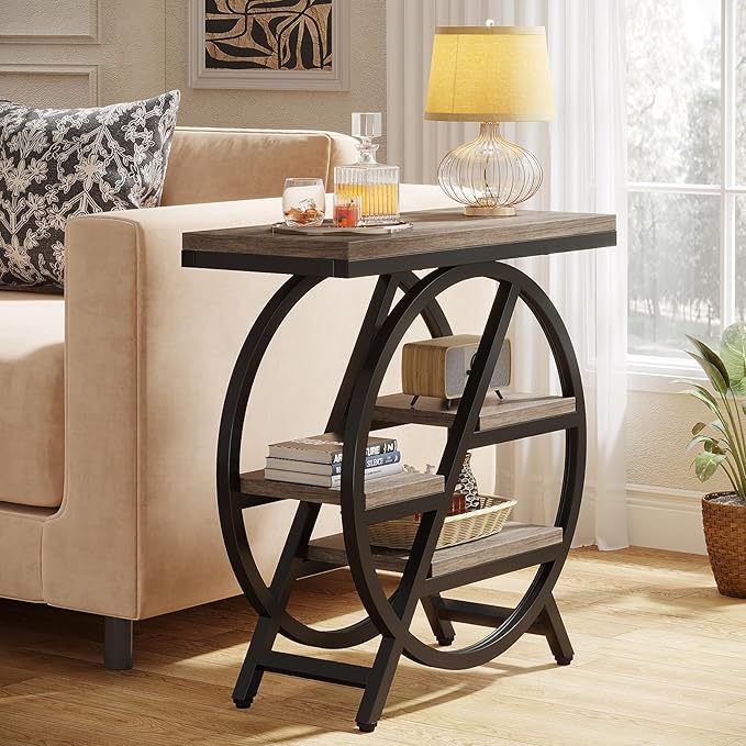 Tribesigns End Table for Living Room, 3-Tier Narrow Side Table with Storage, Wood Sofa Side Table with Geometric Metal Frame, Industrial Nightstand and Bedside Table for Bedroom, Grey