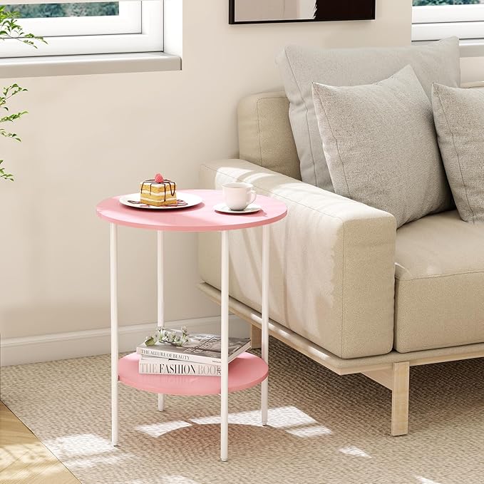 Side Table,Round End Table with 2 Storage Shelves| Compact Side Tables for Living Room, Couch, Office & Bedroom | Narrow Accent Table as Space-Saving Small Bedside Table 18x18x22in (Pink)