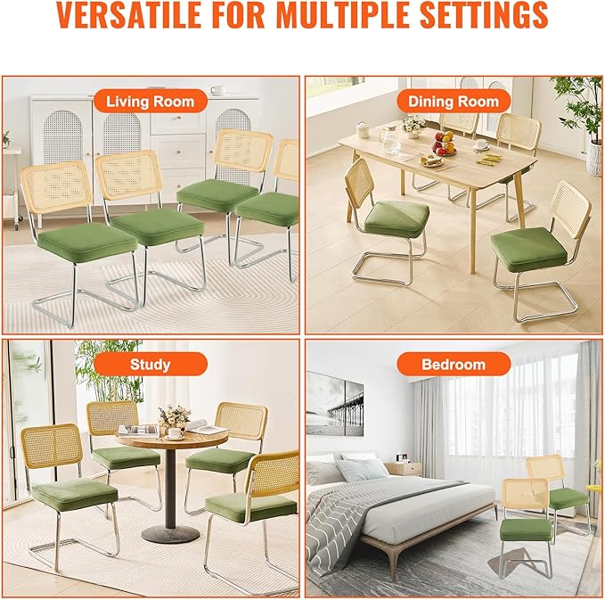 VEVOR Rattan Dining Chairs Set of 4, Mid Century Modern Dining Chair, Upholstered Velvet Accent Chair with Rattan Back, Retro Dining Room Kitchen Chair for Living Room, Bedroom (18.1 Inch)