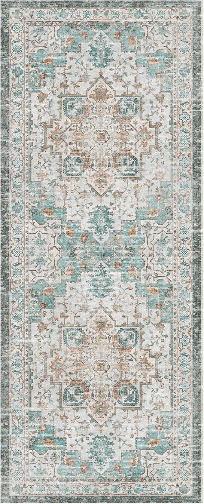 GENIMO 2x5 Runner Rugs for Hallway, Machine Washable Non Slip Vintage Rugs, Low Pile Lightweight Soft Print Rug for enrtyway, Corridor, Home Office, Kitchen, Cyan