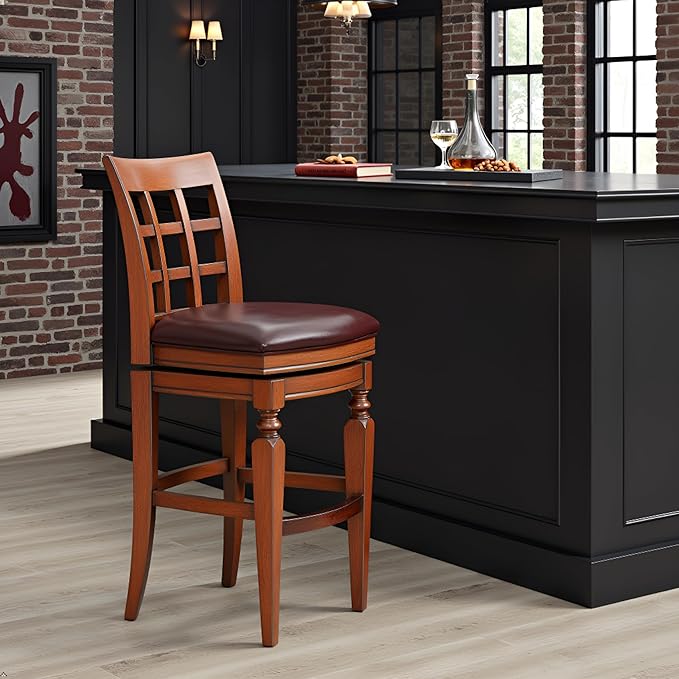 Alaterre Furniture Napa Bar Height Swivel Stool with Back – Faux Leather Upholstered Seat Barstool with Memory Return, Turned Wood Legs, Lattice Back Design, and Metal Kick Plate for Kitchen Islands