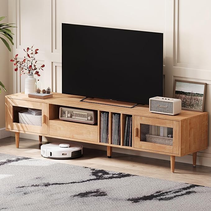 LINSY 70" TV Stand for TVs up to 80 Inch, Mid Century Modern Entertainment Center with Storage Drawer and Open Shelves, TV Console with Glass Door Cabinets for Living Room, Bedroom, Rustic Brown