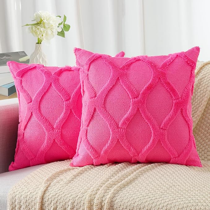 decorUhome Throw Pillow Covers 16x16 Inch Set of 2, Soft Plush Faux Fur Wool Hot Pink Couch Pillow Covers, Decorative Neutral Pillow Cases for Bed Sofa Living Room Home Decor