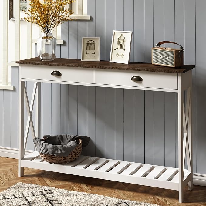 ChooChoo 47" Farmhouse Console Table with Drawer for Entryway, Narrow Long Entry Table with Shelf for Living Room, Rustic Vintage Hallway Sofa Table with Stable X Supports, White