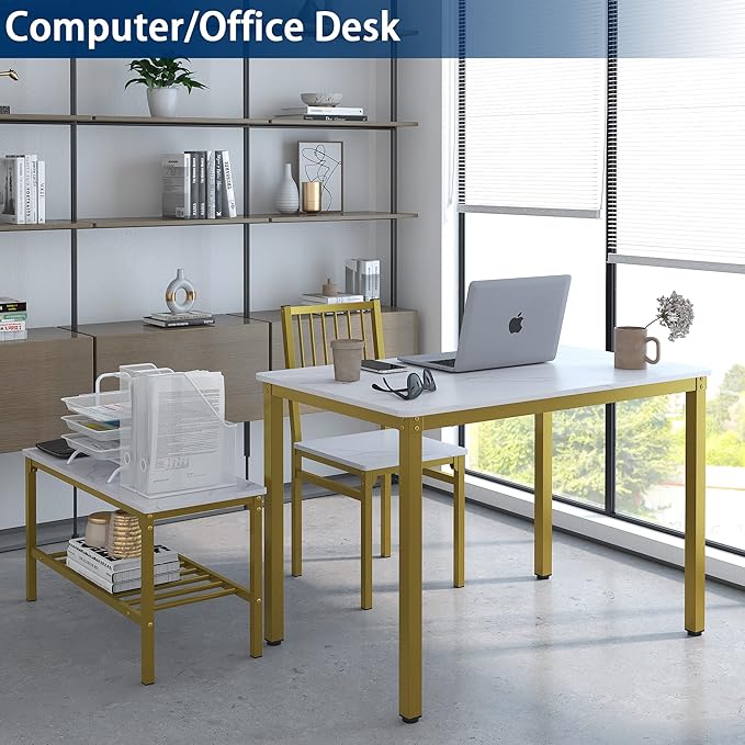 Teraves Dining Table Set for 4/Computer Desk,Kitchen Table with 2 Chairs and a Bench,Table and Chairs Dining Set 4 Picce Set for Dining Room (White Marbling+ Gold Frame,110CM)