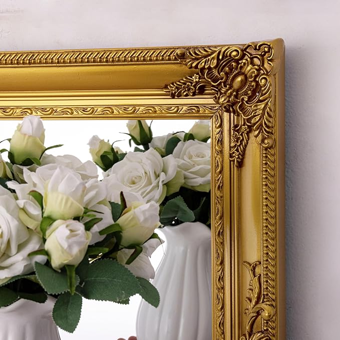 Gold Vintage Mirror, 37.4" x 25.6" Traditional Antique Gold Wall Mirrors with Ornate Baroque Wood Frame, Living Room Decorative Mirrors for Wall Decor