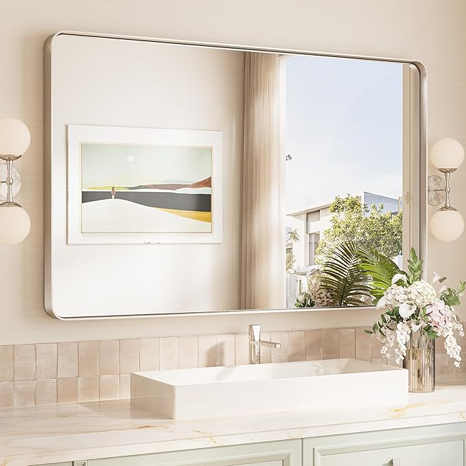 TokeShimi 48x30 Brushed Nickel Bathroom Wall Mirror Vanity Metal Frame Round Corner Rectangular for Home Decor Living Room Entryway