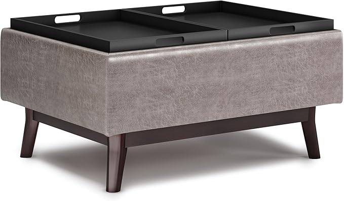 SIMPLIHOME Owen 34 inch Wide Mid Century Modern Rectangle Tray Top Small Coffee Table Storage Ottoman in Distressed Grey Vegan Faux Leather, Assembled, For the Living Room, Entryway and Family Room