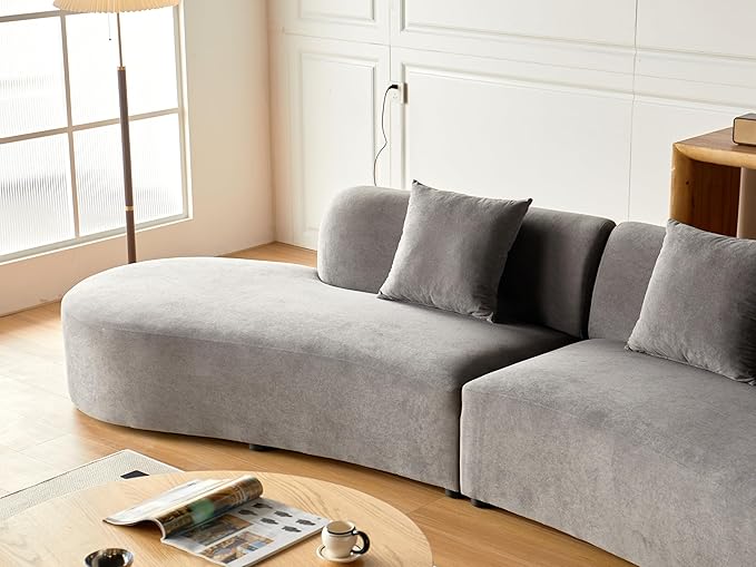 Container Furniture Direct 132" Curved Sofa with Throw Pillows, 6 Seater Luxury Velvet Couch with Half Moon Design and High-Density Foam, Ideal for Modern Living Room, Office & Apartment, Grey
