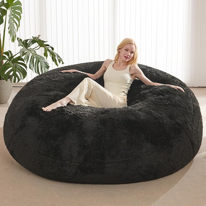 Bean Bag Cover (No Filler), Faux Fur Comfy Bean Bag Covers for Adults, Washable Beanbag Chair Cover, Fluffy Plush Giant Bean Bags Chairs Covers for Teens Kids Girls, Anti-Slip, 5FT, Black