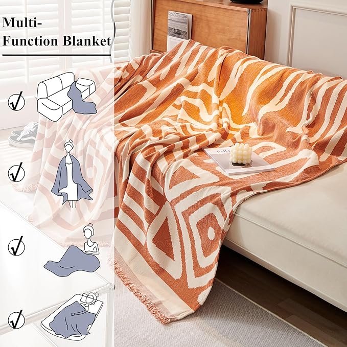 STACYPIK Geometric Orange Sofa Cover - Boho Triangle Reversible Protector for 3 Cushion Couch - Pet-Friendly, Washable Multi-Use Blanket - 91x150IN