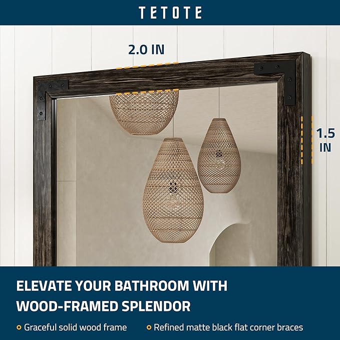 TETOTE 22 x 30 Black Wooden Mirror for Bathroom Wall/Bedroom/Living Room/Entryway Farmhouse Rustic Bathroom Vanity Mirror for Wall Waterproof (Horizontal/Vertical Mounted)