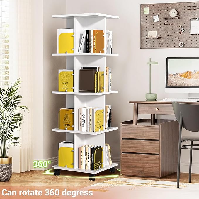 VECELO 4-Tier Rotating Bookshelf on Wheels, Revolving Bookcase Tower, Mobile Book Rack with Acrylic Windows, Narrow Rolling Bookshelves for Small Space, Corner, Bedroom, Office, White