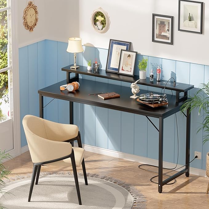 47 inch Computer Desk with Power Outlets, Gaming Desk with LED Lights, Home Office Work Desk with Monitor Shelf, Modern Office Desk Study Writing Table for Small Spaces, Black