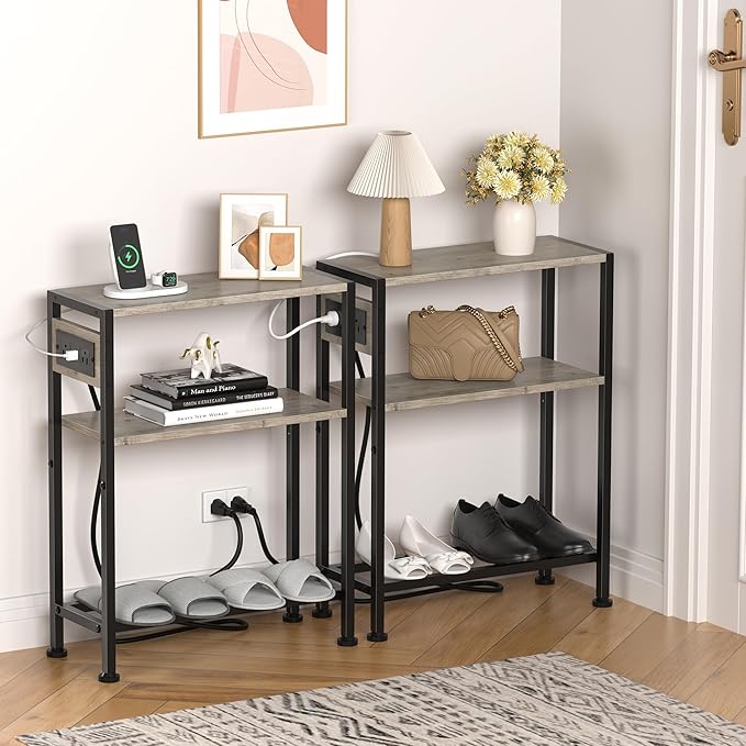 Small Narrow Side Table with Charging Station, Skinny End Table for Small Spaces, Slim Nightstand with Outlets, Sofa Bedside Table in Living Room, Bedroom, Kitchen and Balcony (Greige)