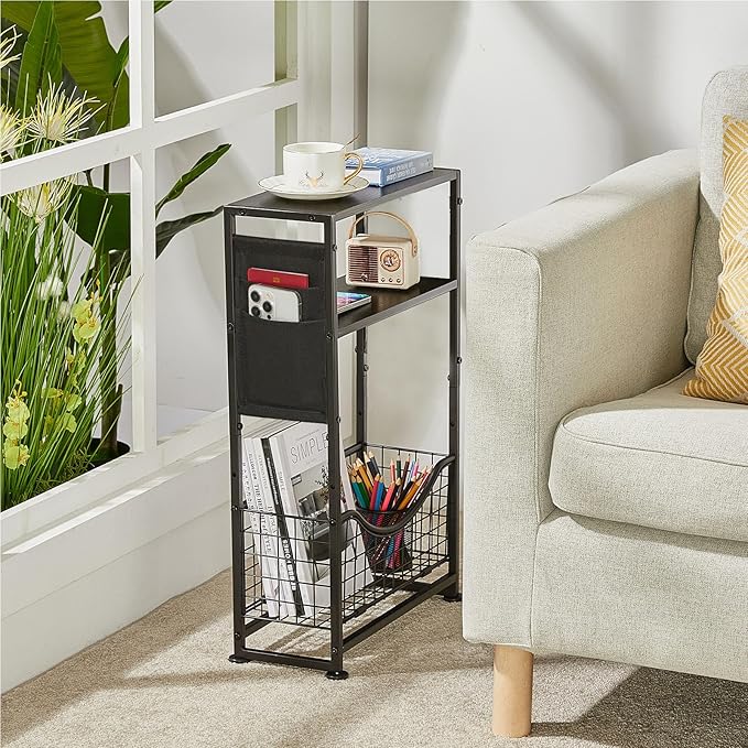 Narrow Side Table, Skinny Small End Tables with Magazine Holder, 3 Tier Small Sofa Side Table for Smalls Spaces, Sofa Couch Tables Bedside Table for Living Room Bedroom Office