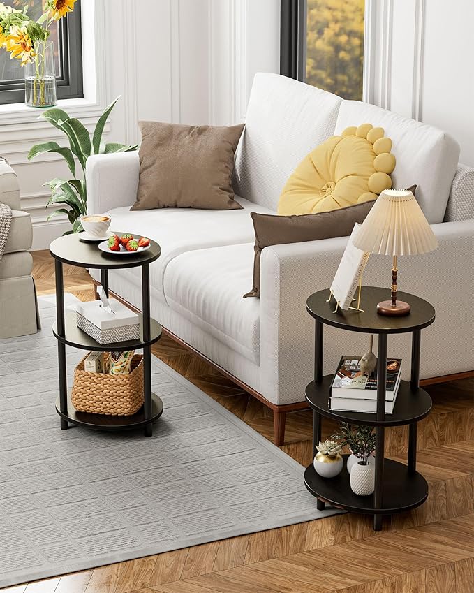 Small Round Side Table - 3-Tier Oval Accent Table for Small Spaces, Rustic Wood and Metal Couch End Table, Nightstand for Bedroom or End Table Living Room, Easy to Assemble, Charcoal Wenge