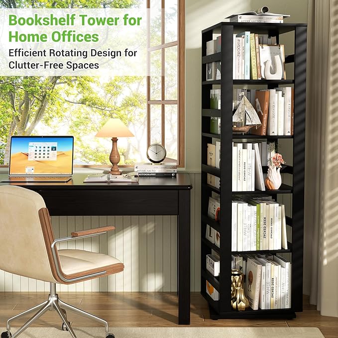 Homykic Rotating Bookshelf, Bamboo 360 Display Spinning Bookshelf Tower, 5-Tier Small Corner Bookcase for Small Spaces, Narrow Revolving Book Shelf Organizer Rack for Home Office, Black